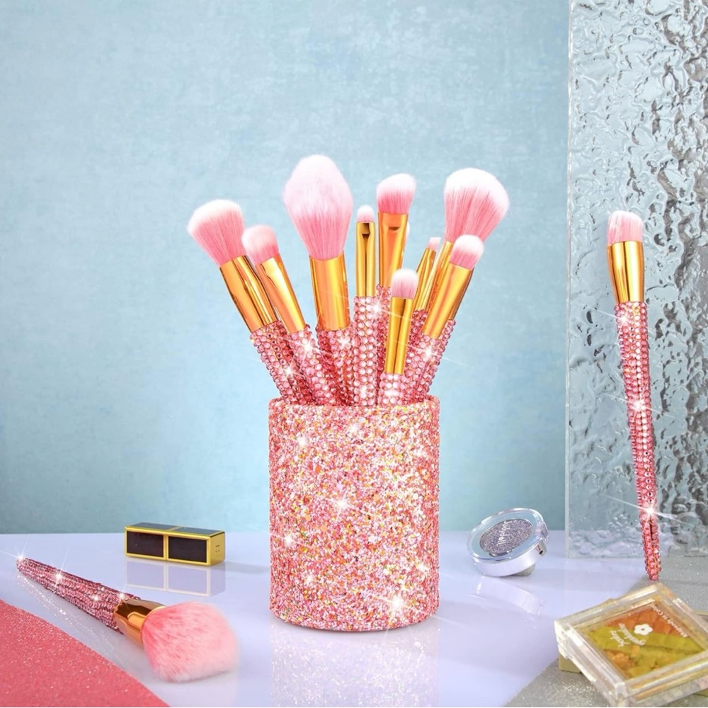 12 Piece Pink Rhinestone Makeup Brush Set + 1 brush holder